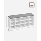 Wood Shoe Bench with Cushion, 15-Compartment Storage Organizer - 11.8D x 41.3W x 18.9H