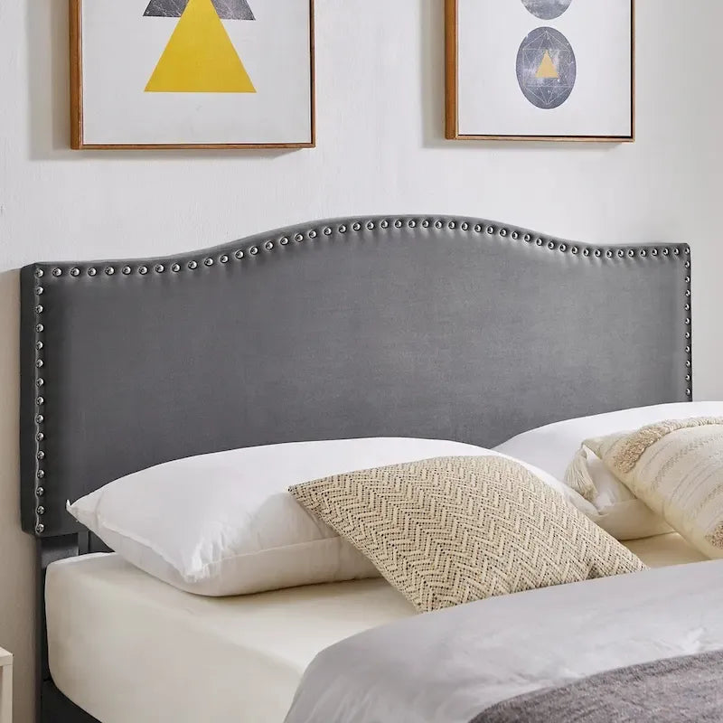 VECELO, Upholstered Platform Bed Frame with Nailhead Headboard Twin Full Queen Size Bed-Grey