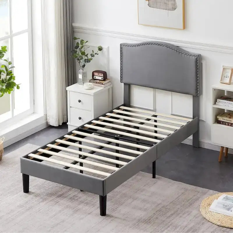 VECELO, Upholstered Platform Bed Frame with Nailhead Headboard Twin Full Queen Size Bed-Grey