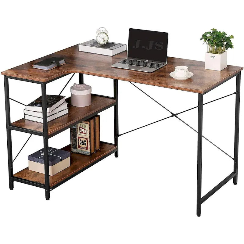 JJS L-Shaped Home Office Corner Writing Computer Desk with Build-in Bookcase