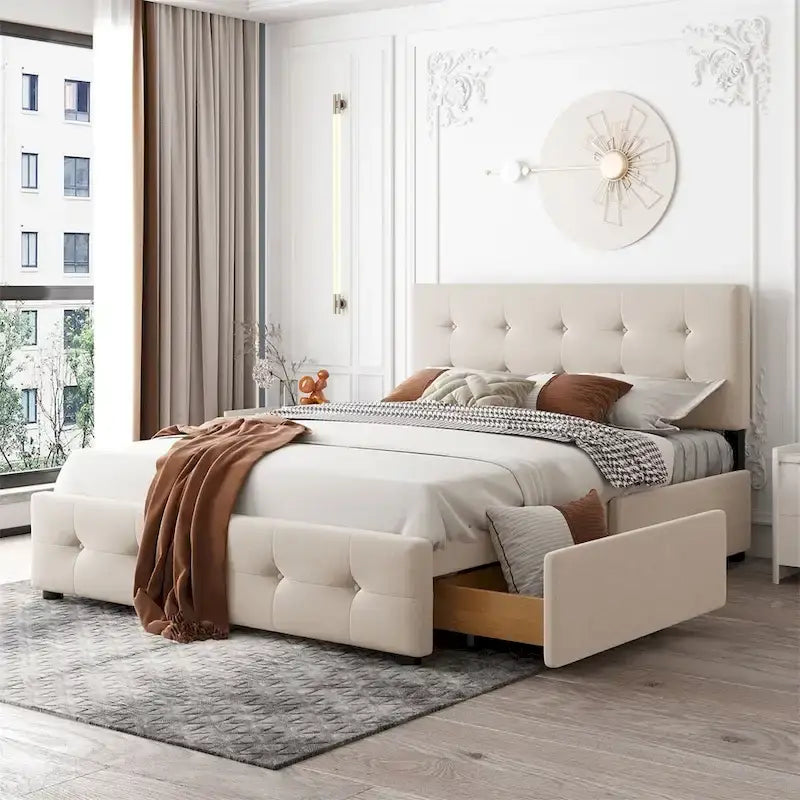 Merax Queen Upholstered Platform Bed with 4 Drawers