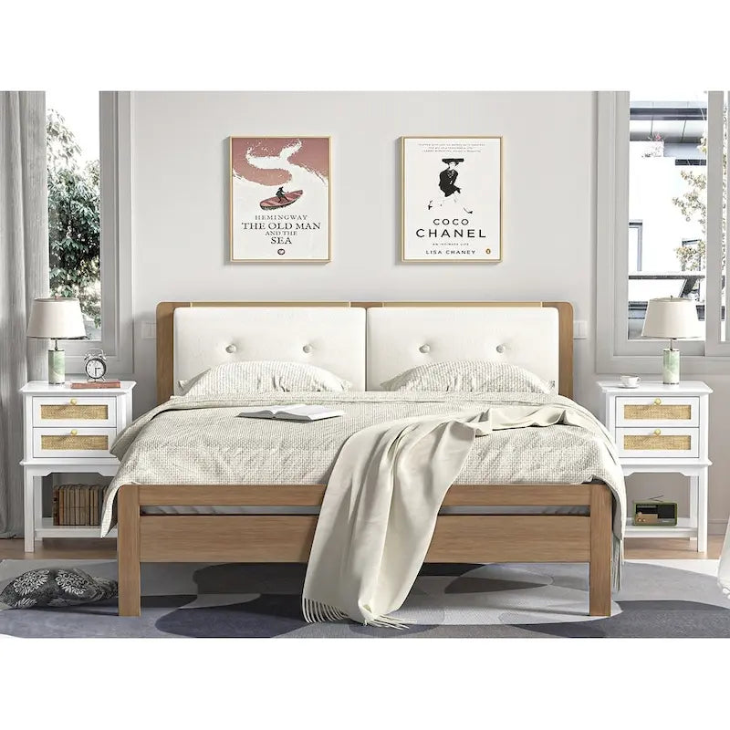 Modern 27.95 H Tall 2-Drawer White Nightstand Wood Rattan Side End Table for Bedroom with Storage Shelf