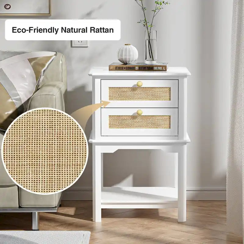 Modern 27.95 H Tall 2-Drawer White Nightstand Wood Rattan Side End Table for Bedroom with Storage Shelf