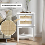 Modern 27.95 H Tall 2-Drawer White Nightstand Wood Rattan Side End Table for Bedroom with Storage Shelf