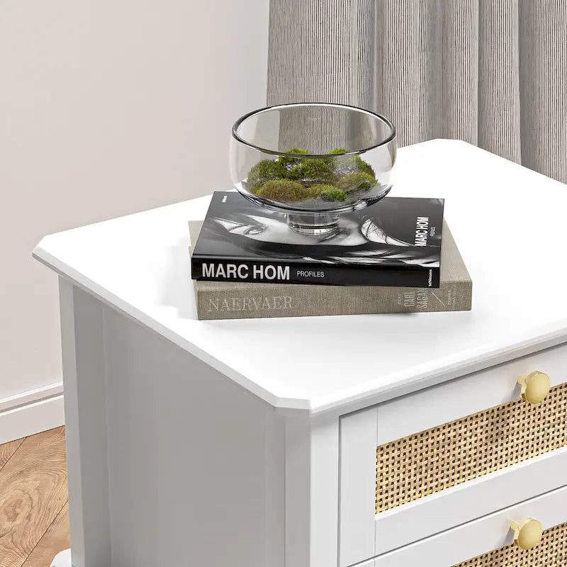 Modern 27.95 H Tall 2-Drawer White Nightstand Wood Rattan Side End Table for Bedroom with Storage Shelf