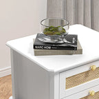Modern 27.95 H Tall 2-Drawer White Nightstand Wood Rattan Side End Table for Bedroom with Storage Shelf