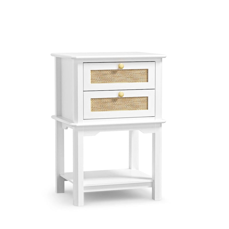 Modern 27.95 H Tall 2-Drawer White Nightstand Wood Rattan Side End Table for Bedroom with Storage Shelf