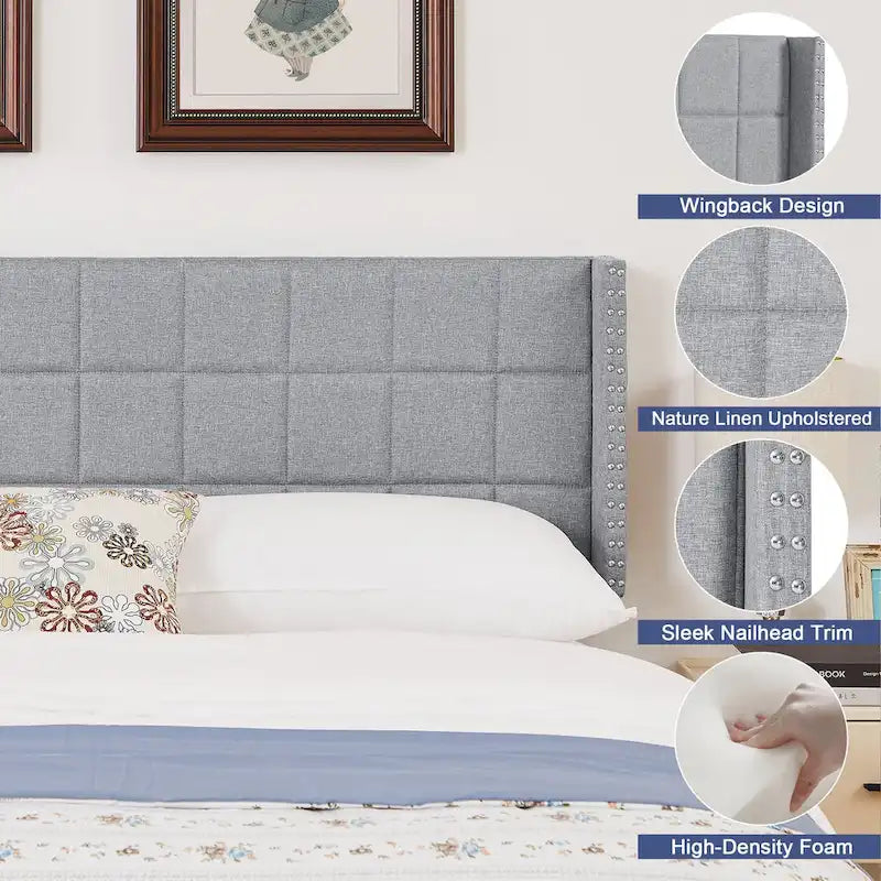 Javlergo Queen/King Size Adjustable Upholstered Headboard, Modern Wingback Headboard with Double Nailhead Trimming