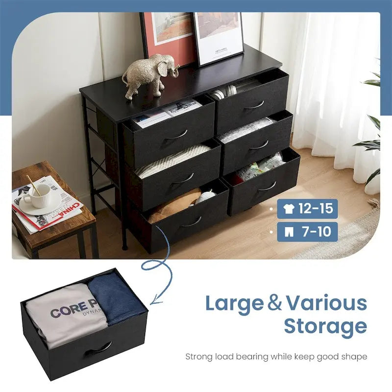 6 Drawers Dresser Chest with Metal Frame and Wooden Top