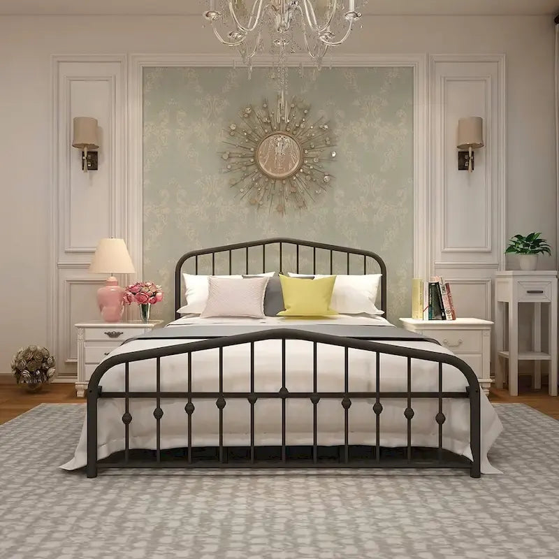 Alazyhome Platform Metal Bed Frame with Headboard, Iron Slat Support