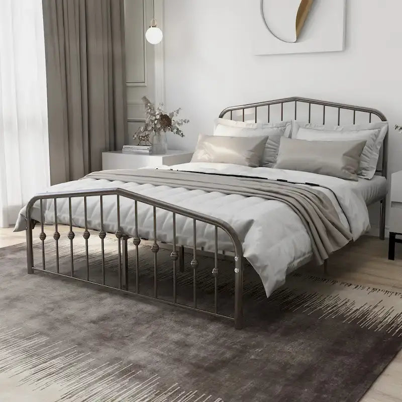 Alazyhome Platform Metal Bed Frame with Headboard, Iron Slat Support