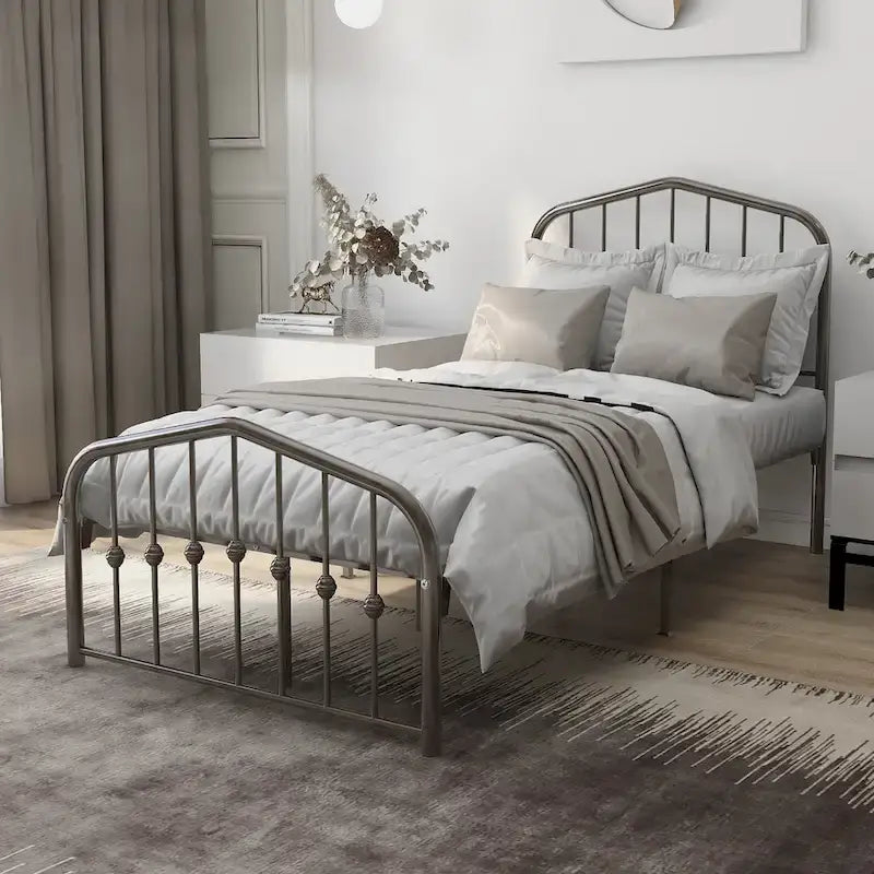 Alazyhome Platform Metal Bed Frame with Headboard, Iron Slat Support