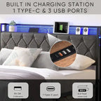 Queen Bed Frame with Charging Station and LED Lights, Upholstered Platform Bed with Heavy Metal Slats, No Box Spring Needed