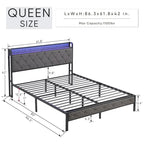 Queen Bed Frame with Charging Station and LED Lights, Upholstered Platform Bed with Heavy Metal Slats, No Box Spring Needed