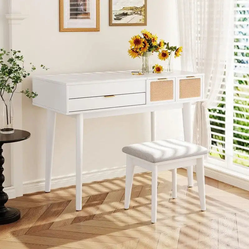 Grondin Modern Style Vanity Set with Flip Top Mirror, Cushioned Stool and Drawers, 2-in-1 Makeup table Set for Bedroom