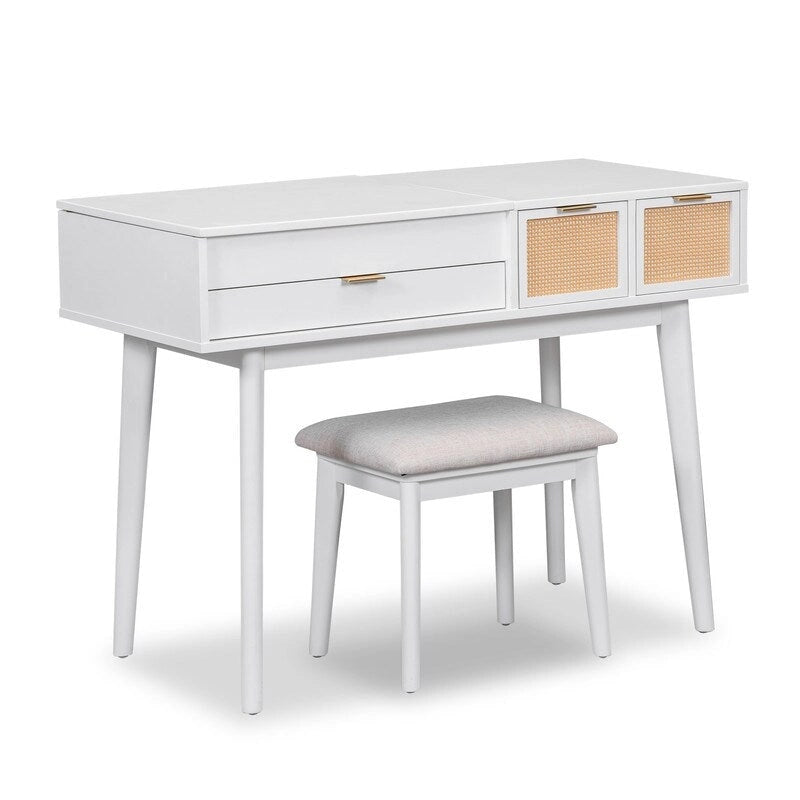 Grondin Modern Style Vanity Set with Flip Top Mirror, Cushioned Stool and Drawers, 2-in-1 Makeup table Set for Bedroom