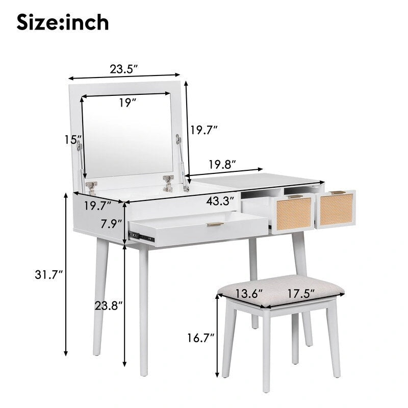 Grondin Modern Style Vanity Set with Flip Top Mirror, Cushioned Stool and Drawers, 2-in-1 Makeup table Set for Bedroom