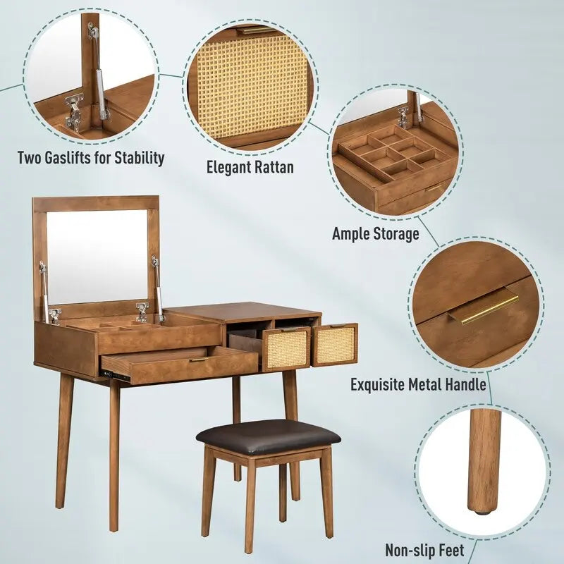 Grondin Modern Style Vanity Set with Flip Top Mirror, Cushioned Stool and Drawers, 2-in-1 Makeup table Set for Bedroom