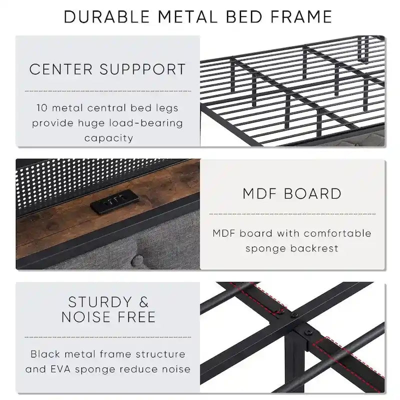 King Bed Frame with Storage Headboard, Charging Station and LED Lights, Upholstered Platform Bed