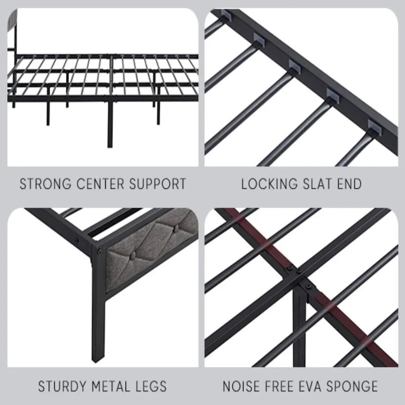 King Bed Frame with Storage Headboard, Charging Station and LED Lights, Upholstered Platform Bed