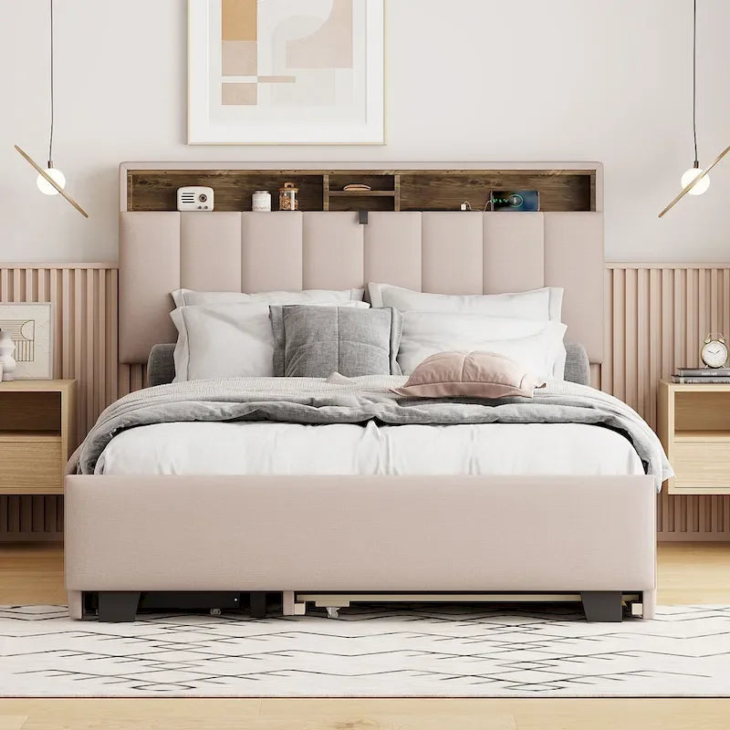 Upholstered Platform Bed with Storage Headboard