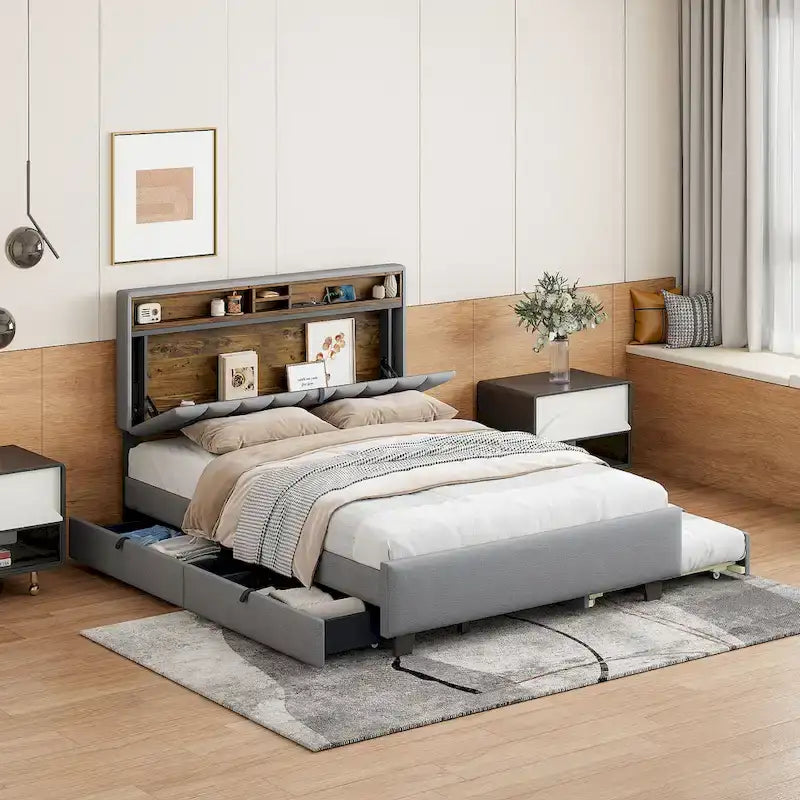 Upholstered Platform Bed with Storage Headboard