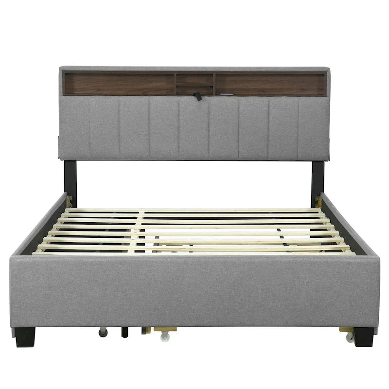 Upholstered Platform Bed with Storage Headboard