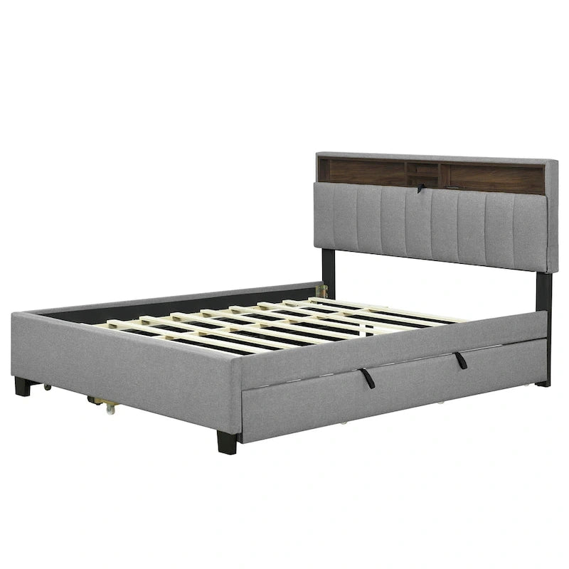 Upholstered Platform Bed with Storage Headboard