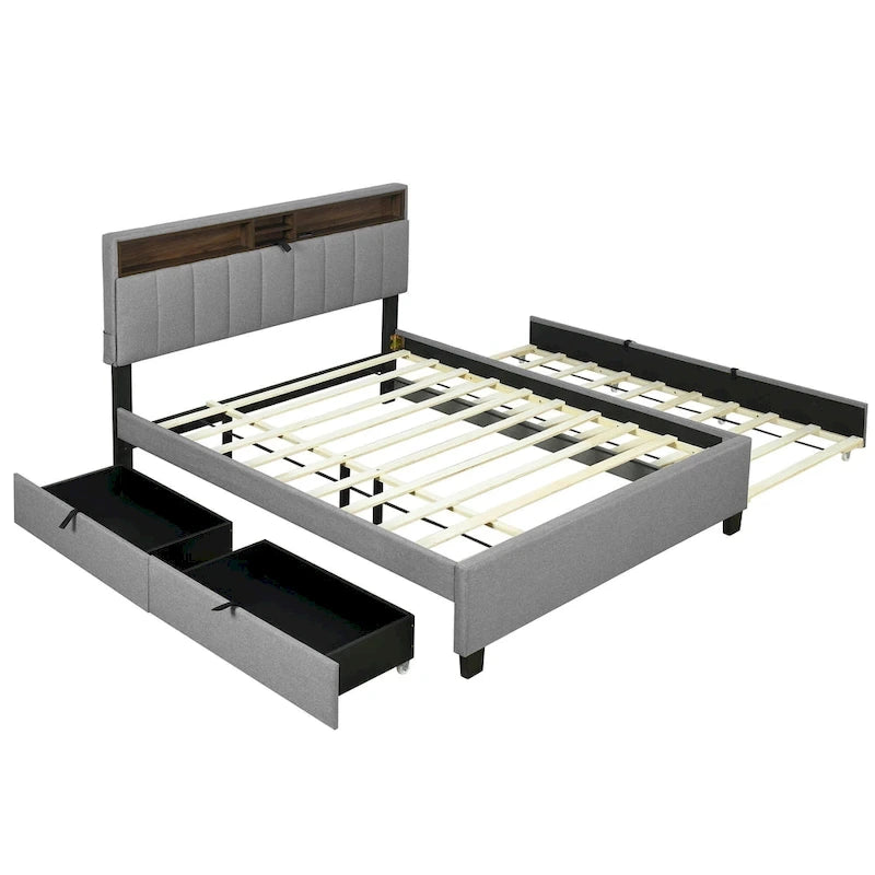 Upholstered Platform Bed with Storage Headboard