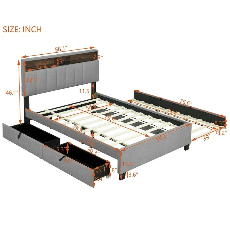 Upholstered Platform Bed with Storage Headboard