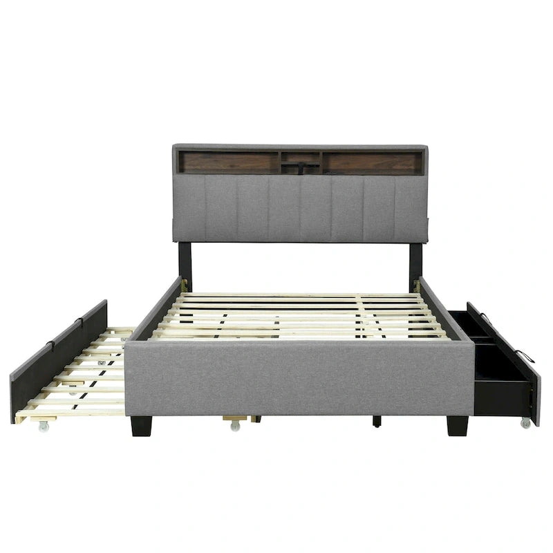 Upholstered Platform Bed with Storage Headboard