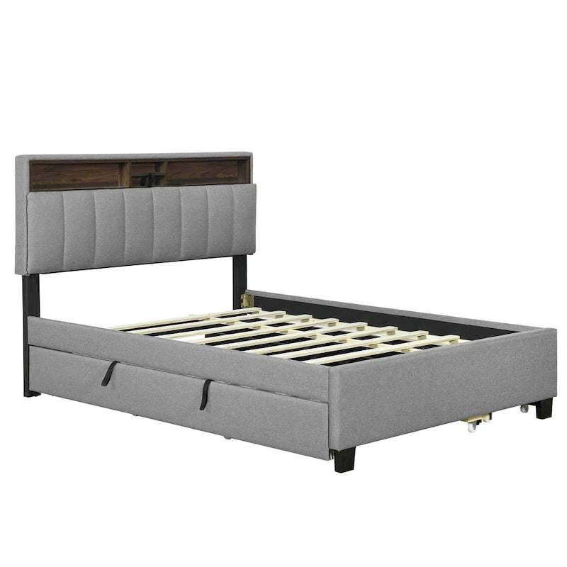 Upholstered Platform Bed with Storage Headboard
