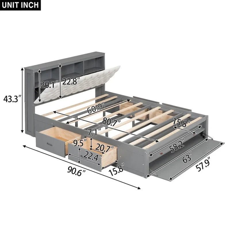 Queen Size Wood Platform Bed with Shoe Rack and Drawers