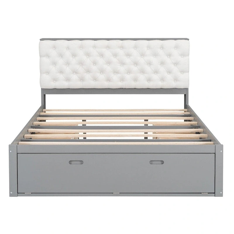 Queen Size Wood Platform Bed with Shoe Rack and Drawers