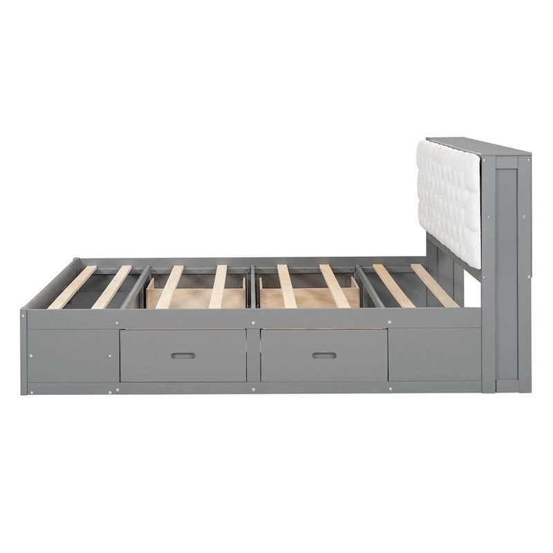 Queen Size Wood Platform Bed with Shoe Rack and Drawers