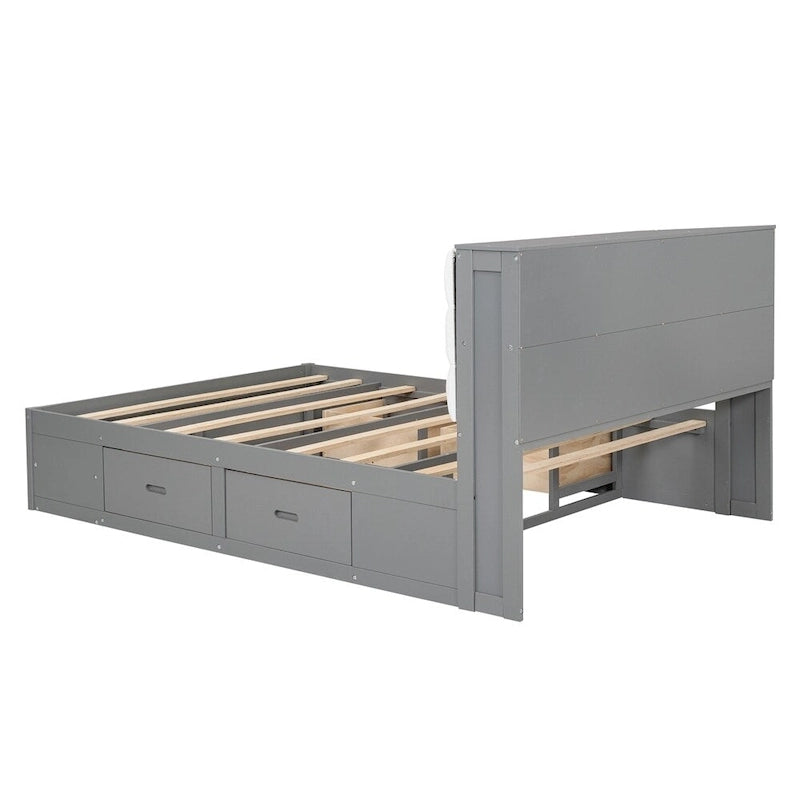 Queen Size Wood Platform Bed with Shoe Rack and Drawers