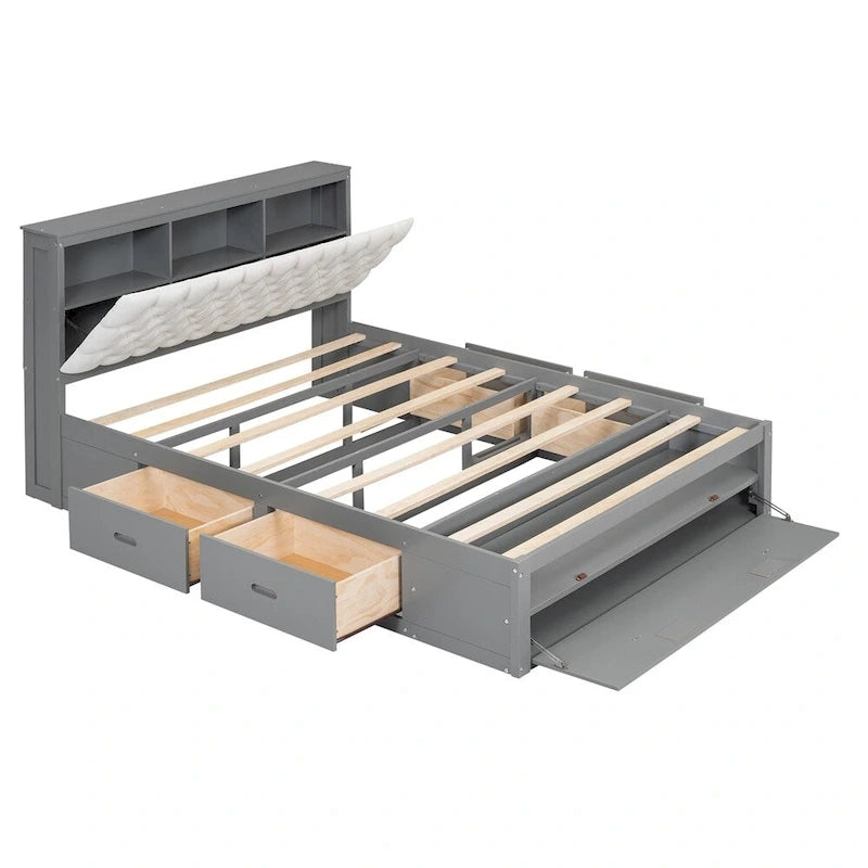 Queen Size Wood Platform Bed with Shoe Rack and Drawers