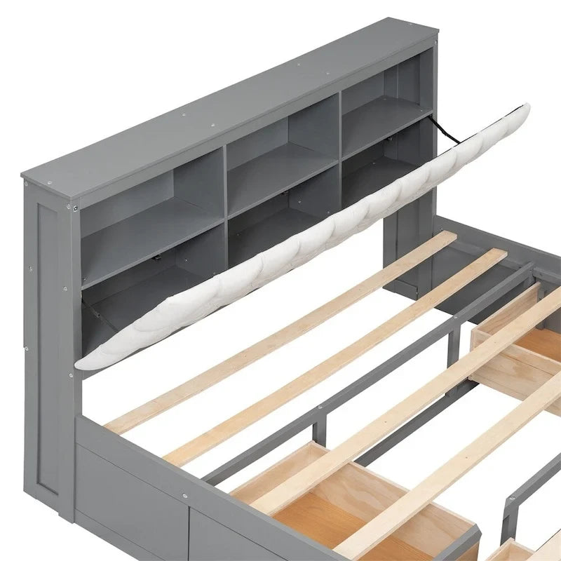 Queen Size Wood Platform Bed with Shoe Rack and Drawers