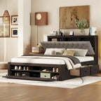 Queen Size Wood Platform Bed with Shoe Rack and Drawers