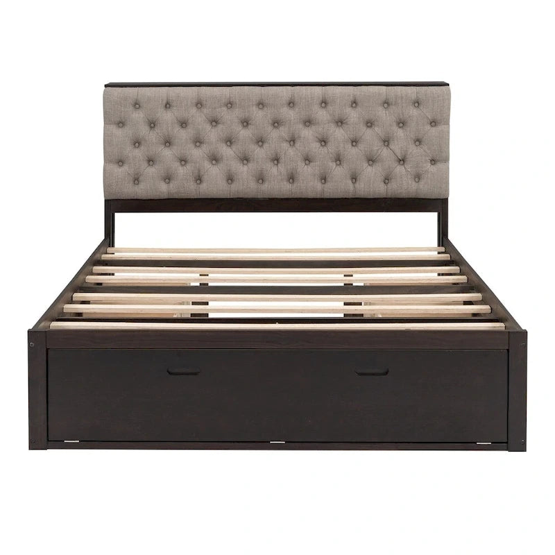 Queen Size Wood Platform Bed with Shoe Rack and Drawers