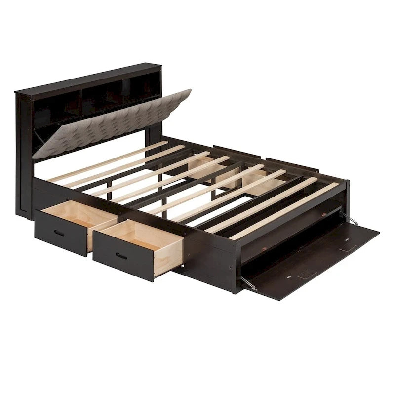 Queen Size Wood Platform Bed with Shoe Rack and Drawers