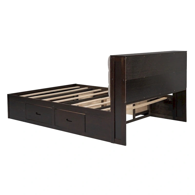 Queen Size Wood Platform Bed with Shoe Rack and Drawers