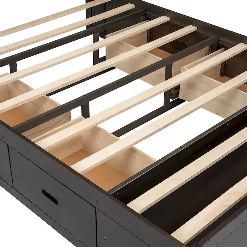 Queen Size Wood Platform Bed with Shoe Rack and Drawers
