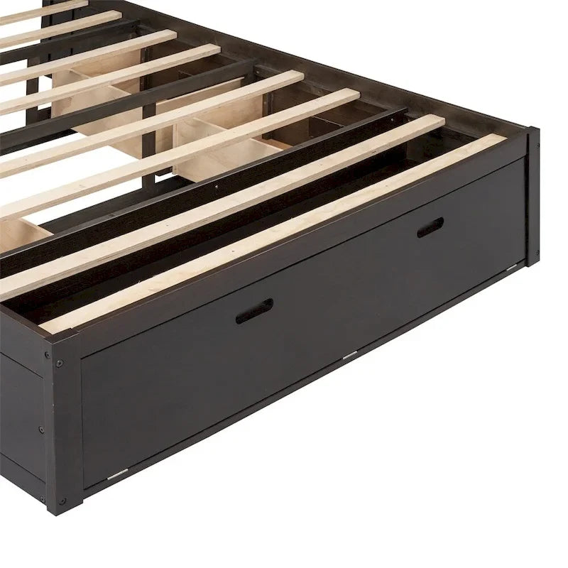 Queen Size Wood Platform Bed with Shoe Rack and Drawers