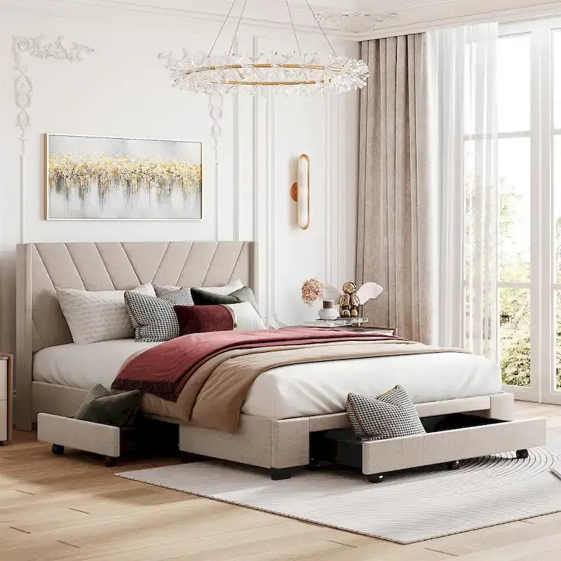 CUSchoice Queen Size Linen Upholstered Platform Bed with 3 Drawers and Storage