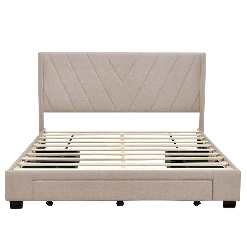 CUSchoice Queen Size Linen Upholstered Platform Bed with 3 Drawers and Storage
