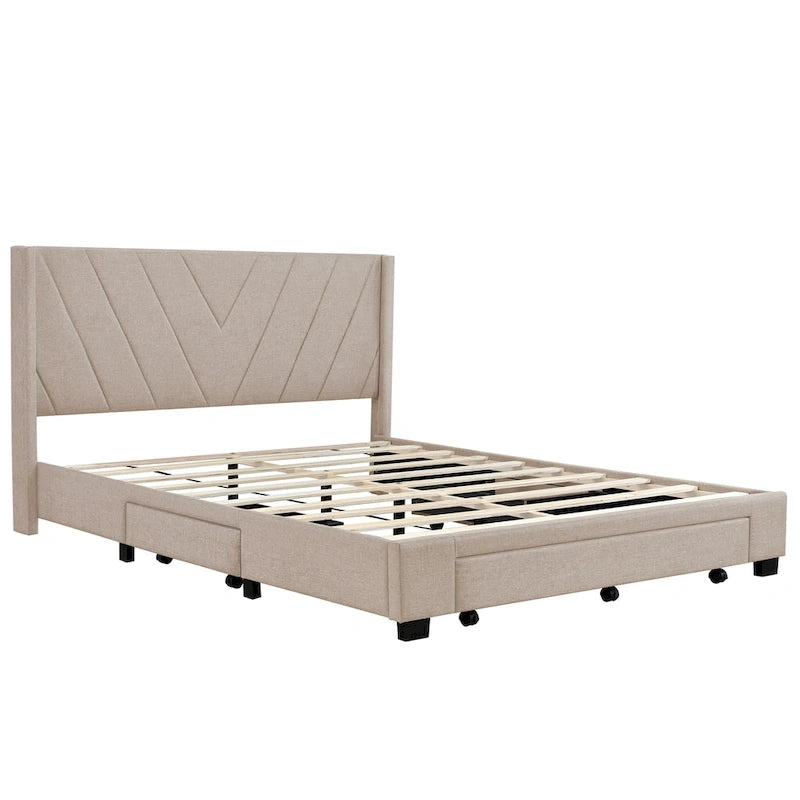 CUSchoice Queen Size Linen Upholstered Platform Bed with 3 Drawers and Storage