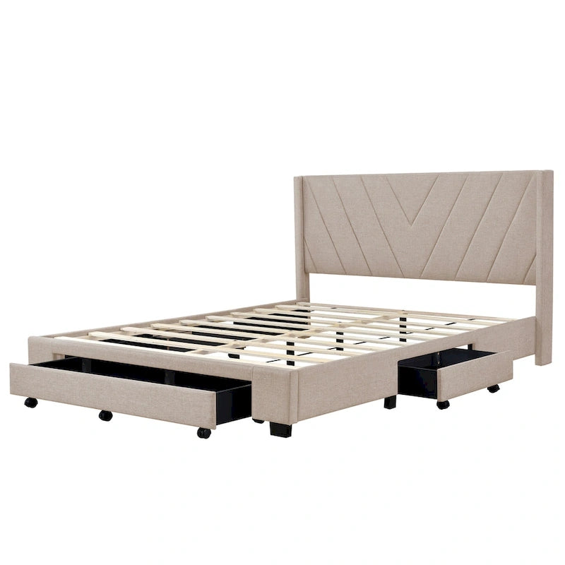 CUSchoice Queen Size Linen Upholstered Platform Bed with 3 Drawers and Storage