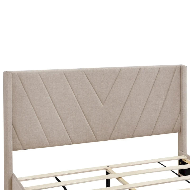 CUSchoice Queen Size Linen Upholstered Platform Bed with 3 Drawers and Storage