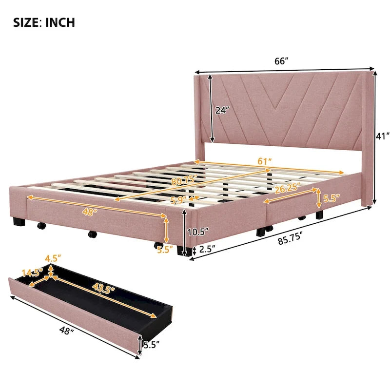 CUSchoice Queen Size Linen Upholstered Platform Bed with 3 Drawers and Storage